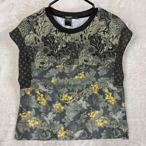 Desigual Top Womens Size SMixed Floral Print Half Mesh Sleeveless Green Black